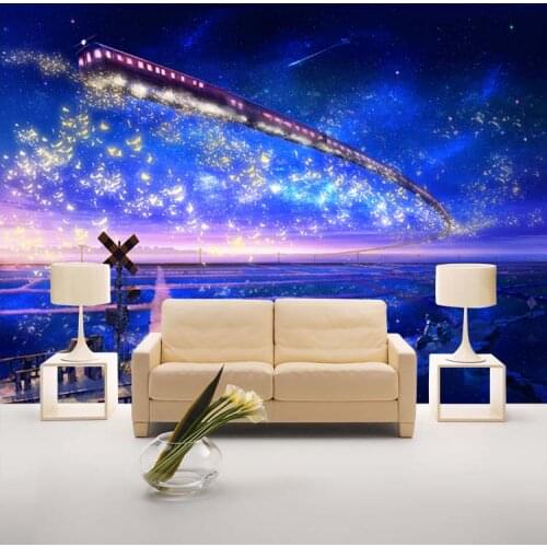 Bacal Wholesale 3d cartoon murals for kids room starry sky blue muralsTV sofa background wall train ceiling murals wallpaper