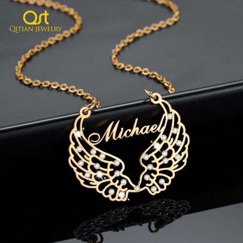 Personalized Name Necklace With Big Angel Wings For Women Gold Plated Stainless Steel Necklaces Custom Pendant Chain Jewelry Gif