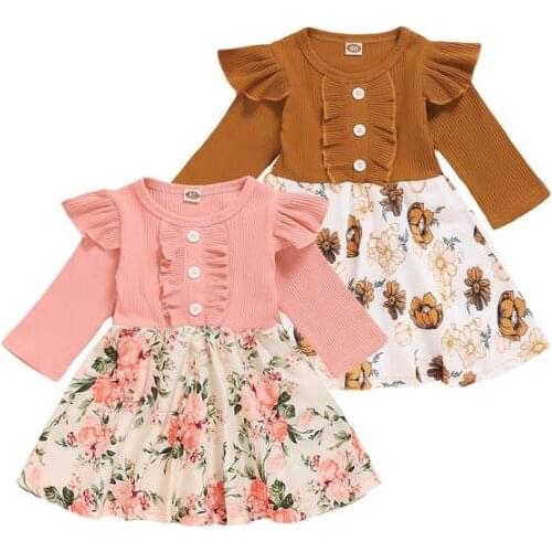 Spring Autumn Infant Toddler Long Sleeve Round Neck Floral Patchwork Dress Button Ribbed Dress Ruffle Baby Girls Clothes