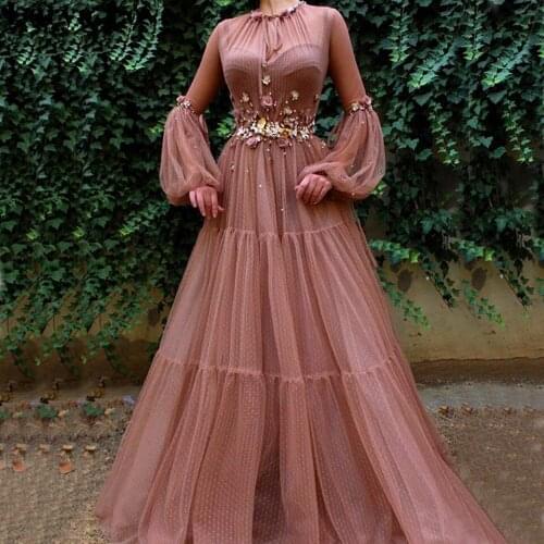 Pink Long Sleeves Prom Dresses 2020 Women Formal Party Night Vestidos Tulle Appliques Elegant Robe A-Line Long Evening Gowns