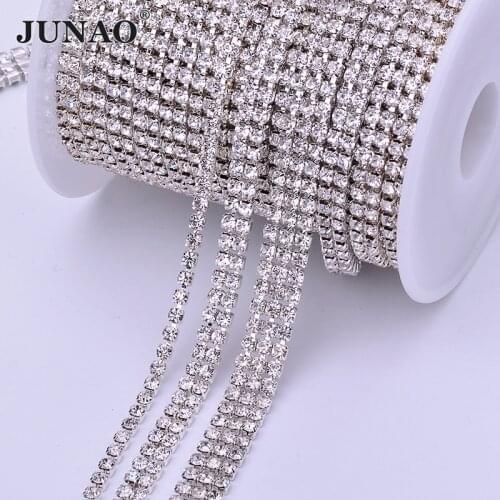 JUNAO 1 2 3 Rows 1 Yard/lot SS12 Clear Glass Rhinestones Chain Sewing Metal Trimming Silver Crystal Banding Ribbon for Crafts