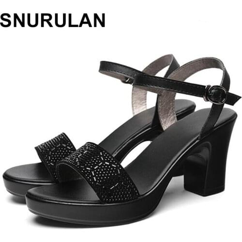 SNURULAN 2020Summer New Genuine Leather Sandals 8cm High Heels Women Fashion Sandals Platform Women Casual Shoes Plus Size 35-42