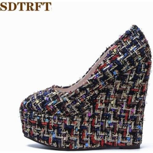 SDTRFT zapatos mujer Round Toe 15cm High-Heeled platform woman SM shoes wedding wedges pumps Small yards:30 31 32 33 34-42 43