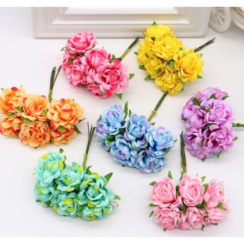6pcs silk cheap Roses Artificial Flowers scrapbooking For wedding car decoration handicraft DIY fake flower head wreath material