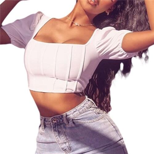 Xingqing Womens Cropped Shirt Short-Sleeved Top Fall Wrapped Party Puff Pleated Stripes Square Neck Solid Clothes T Shirts