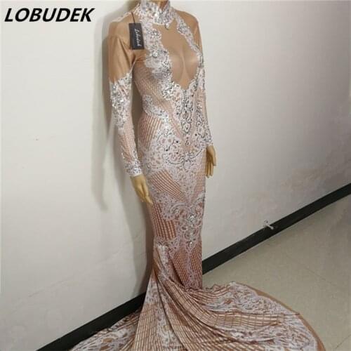 Occident Style Bar female singer Costume white red Trailing long Dress Bright Crystals one piece dress Party Celebration Outfits