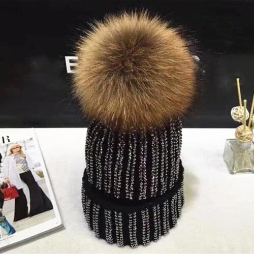 Removable Winter Warm Fur Pom pom Knitted Hats Women Handmade Striped Rhinestone Bones Skullies Beanie With 15cm Fur Ball