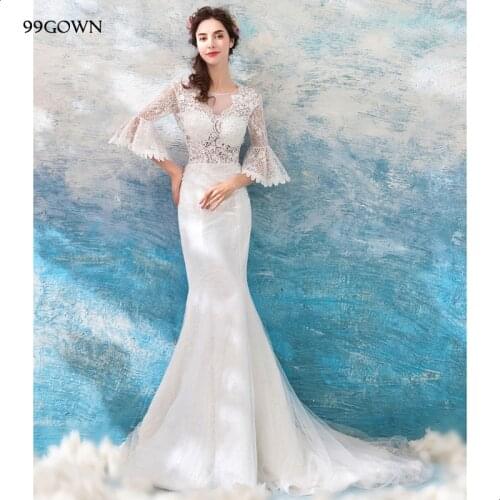 99GOWN 2019 Women Wedding Dress Luxury Satin Long Court Train Wedding Dresses Flare Sleeve Beading Mermaid Bridal Wedding Dress