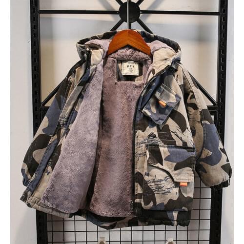 Winter Camouflage Plus Velvet Warm Jacket coatChildren Windbreaker Cotton Padded Boys Faux Fur Collar Parkas Snow Wear Outerwea