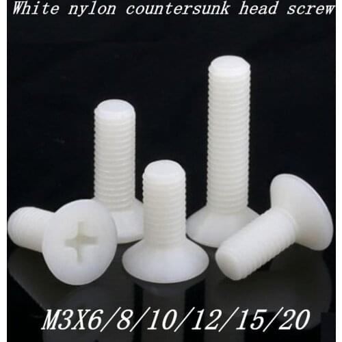 1000PCS/lot M3*6/8/10/12/15/20 white nylon flat countersunk head machine Screw