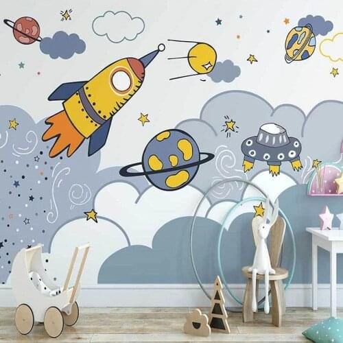 3D Wallpaper Nordic Ins Hand-painted Cartoon Rocket Space Starry Sky Childrens Room Background Wall Decor Papel De Parede Sala