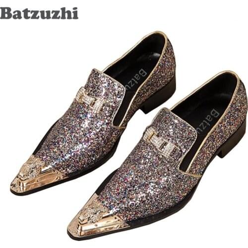 Batzuzhi 100% Brand New Men Shoes Handmade Pointed Gold Metal Toe Dress Shoes Men Shiny Wedding/Party Shoes Sapatos Masculino