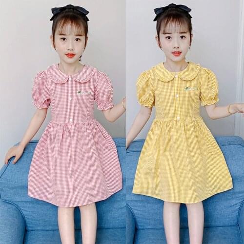 Cotton Plaid Dresses Girls Peter Pan Collar Puff Sleeve Ruffles Summer Dress Baby Big Girls Knee Length Casual Clothes Kids 4-16