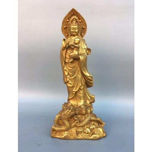 13"Chinese temple collection Old Bronze Gilt Give off Guanyin Bodhisattva statue Back light Enshrine the Buddha Ornaments