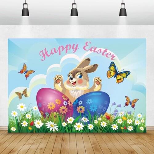 Laeacco Happy Easter Backdrop Cartoon Bunny Eggs Blue Sky Spring Flowers Photo Background Photographic Backdrop Home Party Decor