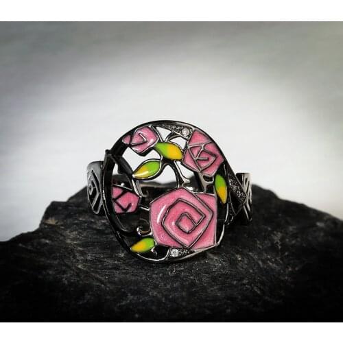 Fashion Design Black Gold Temperament Pink Enamel Rose Flower Rings for Women Luxury 925 Sterling Silver Bohemia Jewelry Gift