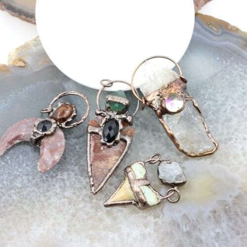 Natural Stone Indian Agates Antique Brass Style Pendants,Shark Tooth Reiki Energy Quartz Healing Crystal Necklace DIY Jewelry