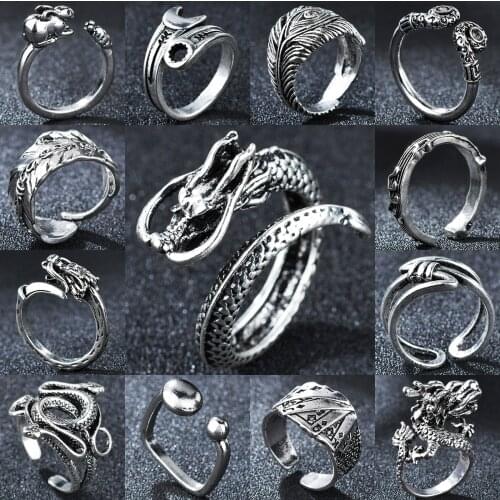 Adjustable Vintage Silver Color Punk Dragon Rings For Men Women Biker Rock Opening Ring Gothic Cool Valentines Day Jewelry Gift