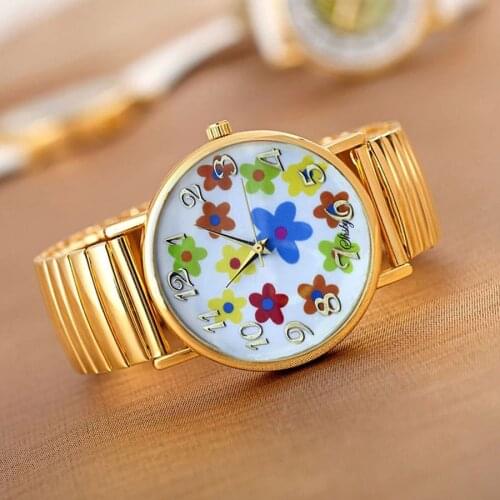 Shsby Hot Sale High Quality Gold Elastic Stainless Watches Women Dress Quartz Wristwatch New Arrival Ladies Flower Watches