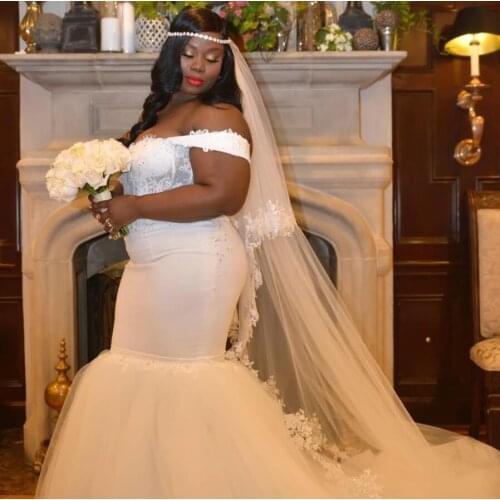 African Plus Size Off Shoulder Wedding Dresses Lace Tulle Lace Beaded Bridal Wedding Gowns vestidos de noiva Appliques