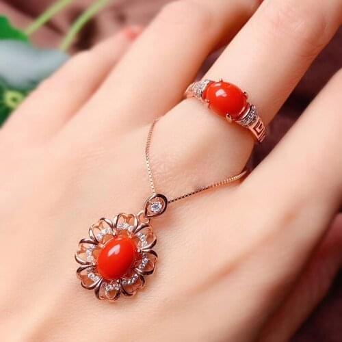 CoLife Jewelry 100% Real Red Coral Jewelry Set 7mm*9mm Natural Precious Coral Silver Jewelry Fashion Red Coral Jewelry