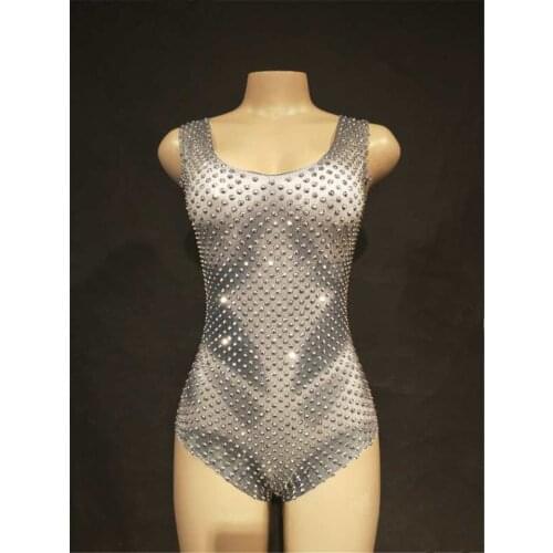 Female DJ DS Crystals Costumes Bar Club High-leg Sexy Performance Stage Catsuit Sparkly Rhine Stones Leotard Bodysuit Stage Show