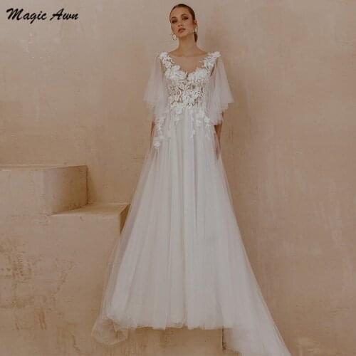 Magic Awn Beach Wedding Dresses 2021 3D Flowers Lace Appliques Illusion A-Line Boho Wedding Party Gowns For Women Robe Mariage