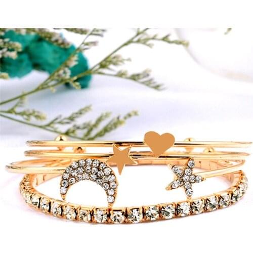 4PCS/Set Adjustable Crystal Star Moon Bangle Set MultiLayer Love Heart Charm Gold Color Open Cuff Bangles Jewelry For Women