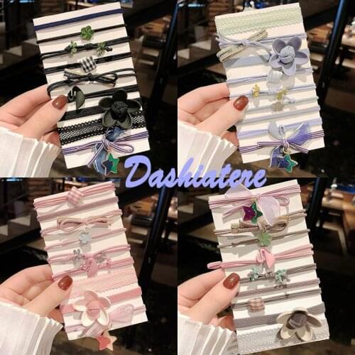 9pcs/lot Knotted Bow Hair ties Bracelet Holder Hair Accessories Flower Head Ornaments Women Headbands Square Elastic Rubber Band