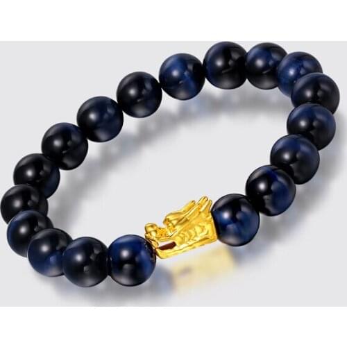 Pure Solid 24K Yellow Gold Dragon Stone Beads Elastic Line Bracelet