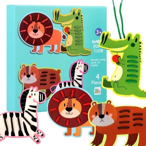 Kids Cartoon Fruit Animal Vegetable Wooden Lacing Block Threading Game Puzzle Toy Intelligence Develop Toys