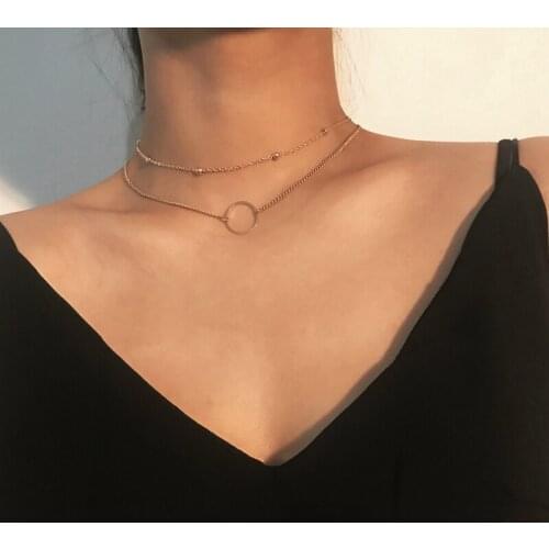 Double Layer Modern Choker Necklace Women Simple Gold Silver Color Beads Chain Clavicle Chain Fashion Statement Necklace Jewelry