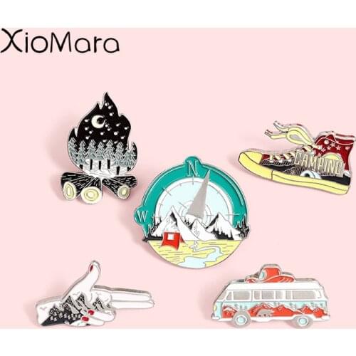 Tourist camping Enamel Pins Fashion Bus Shoes Compass Lapel Badges Wholesale Travel Pins Brooches Jewelry Gifts for friends