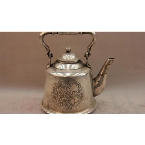 China White Copper Silver Peony Flower Phoenix Kettle Canteen bottle Pot