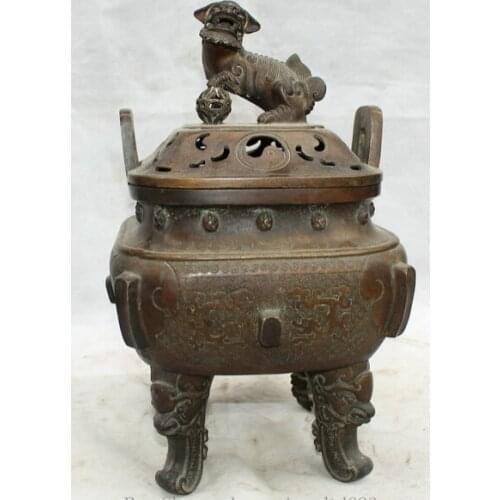 Bi001593 15" Marked Chinese Dynasty palace Bronze lion Beast handle Incense Burner Censer