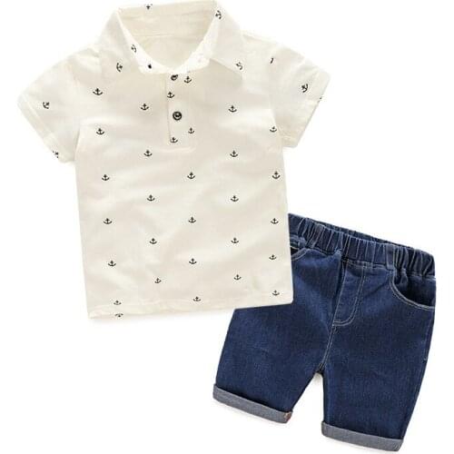 Baby Boy Summer Clothes Anchor attern Lapel Short Sleeved T-shirt Tops + Denim Shorts 2PCS Outfits Kids Bebes Jogging Suits