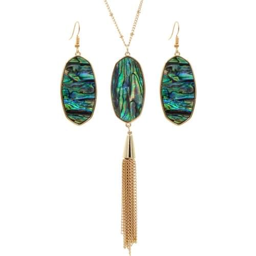 YJX Statement Oval Pendant Necklace With Drop Earrings Jewelry Set Imitation Abalone Shell IVORY MOTHER OF PEARL