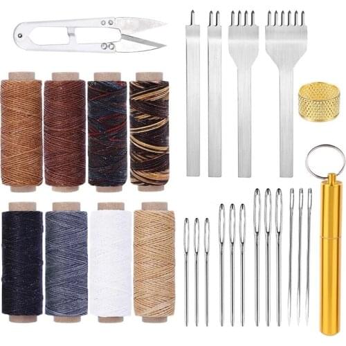 KAOBUY 27PCS Leather Working Kit Prong Punch Large-Eye Stitching Needles, Waxed Thread Leather Sewing Tools For Leather Craft