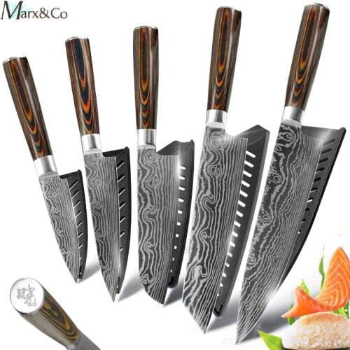 Kitchen Knife Set Chef Knives 7CR17 440C High Carbon Stainless Steel Damascus Drawing Meat Cleaver Slicing Santoku 5 Piece Set