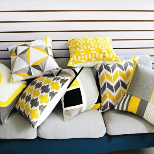Canvas Cotton Home Decor Embroidered Cushion Cover Yellow Grey Geometric Square Embroidery Pillow Cover 45x45cm Pillow Sham