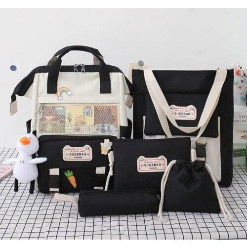 5Pcs/set Nylon School Backpacks Women Lovely Daypack for Teenage Girls Bookbags Students Travel Shoulder Bag