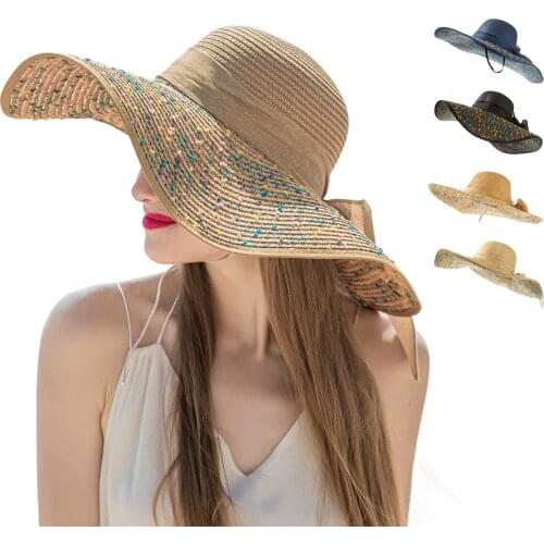 New Boho style womens straw hat Womens beach hats with anti-sun exposure Straw cloth blend bow wide brim foldable straw hat