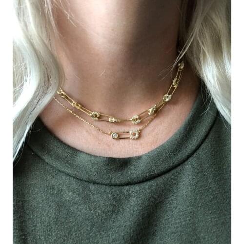 New Choker necklace pin shape charm jewelry Gold color micro pave cz safety pin link chain choker necklace 32+8cm for wedding