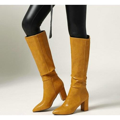 Women Knee High Boots Folding Decoration Ladies Square Pointed Toe Boots Fashion Winter Shoes Western Boots Large Size 34-43