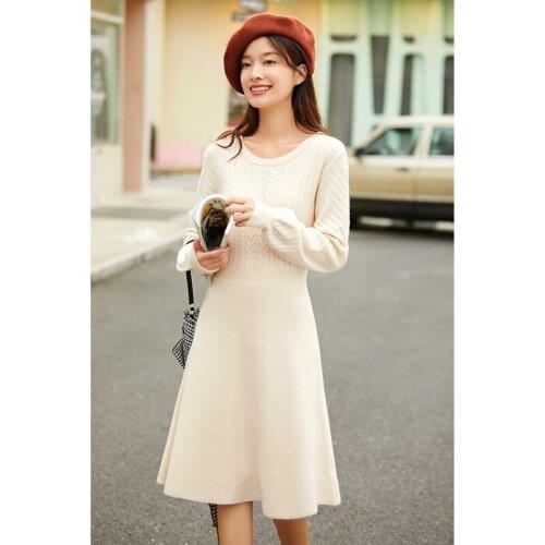 INMAN Autumn Winter Womens Long Sleeve Dress Solid Color Jacquard Small Medium Skirt Temperament Elegant Knitted One Piece
