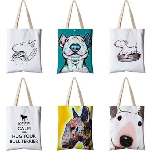 Funny Cute Bull Terrier Print Casual Canvas Shoulder Bag Women Ladies Tote Handbags Large Capacity Shopping Bags snap pocket