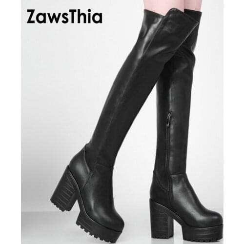 ZawsThia PU platform chunky high heels female shoes white black women winter boots over the knee high long boots plus size 42 43