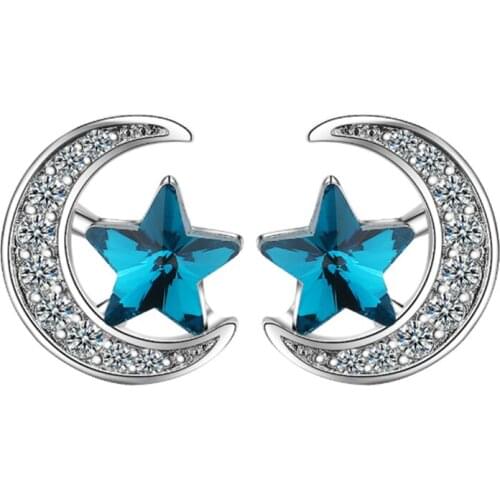 Korean student style simple temperament sweet fresh fashion trend wild blue stars moon silver plated stud earrings WE131