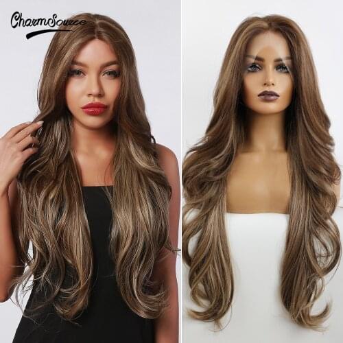 CharmSource Front Lace Synthetic Wig Long Wavy Brown Highlights Blonde Wigs for Women Daily Party High Density Heat Resistant
