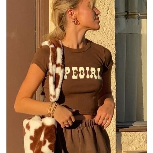 Women Summer Top Streetwear O-Neck Short Sleeve T-Shirts Fashion Brown Letter Casual Tees Slim Clothes Women Sexy Crop Tops